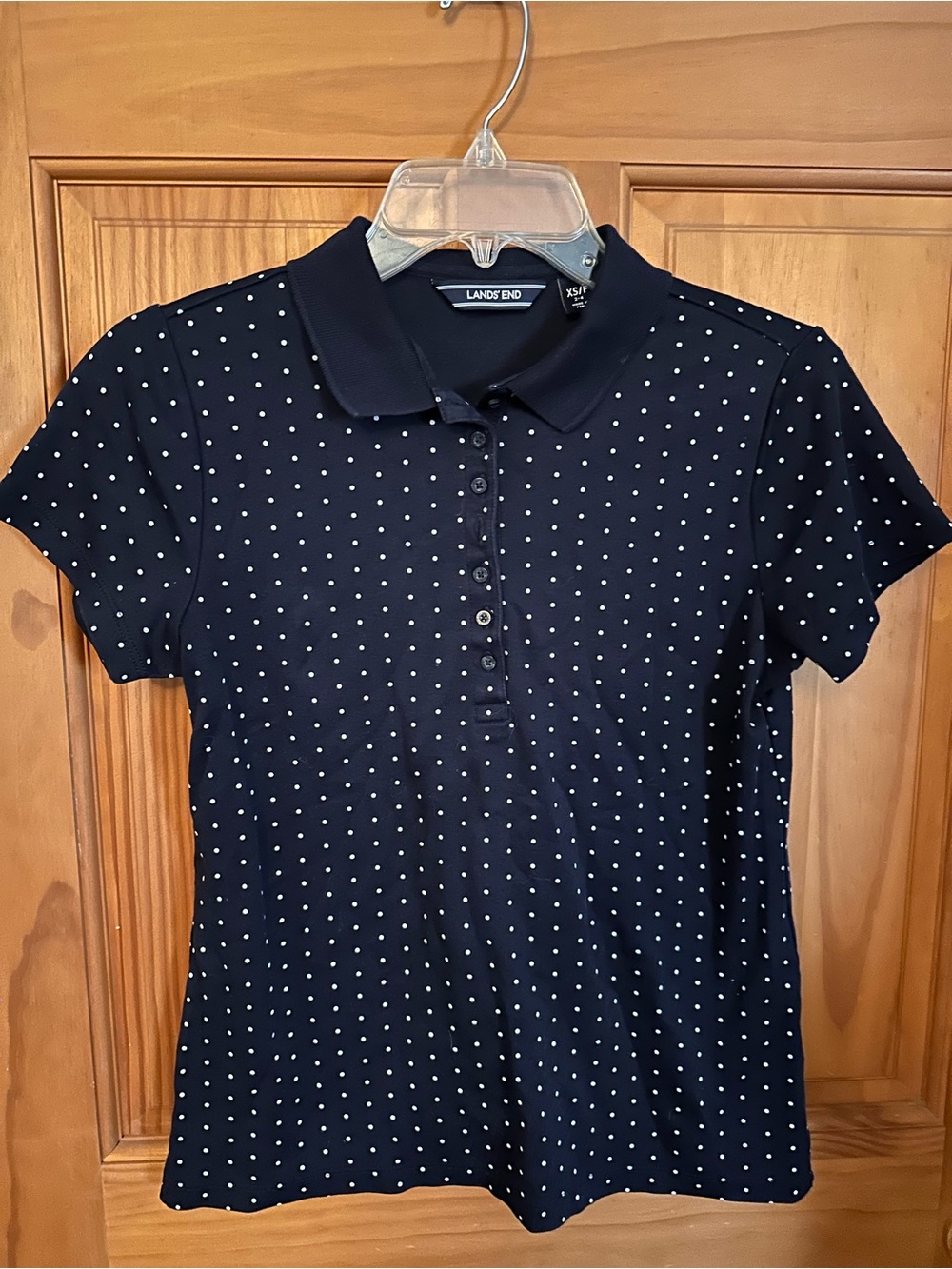 Lands' End Navy Polo with Small White Dot Pattern